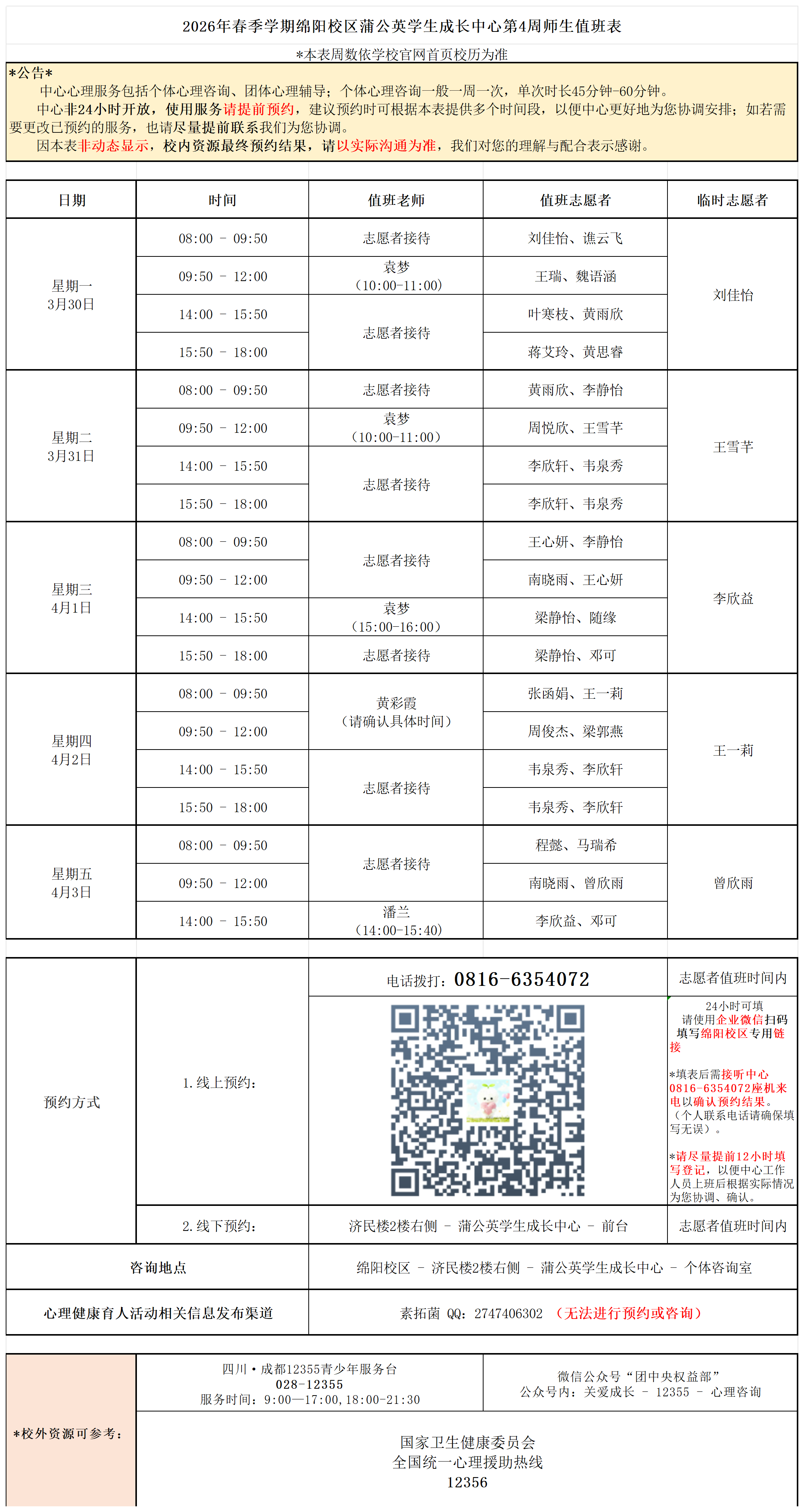 蒲公英学生成长中心2026年春季学期第4周师生值班表_Sheet1.png