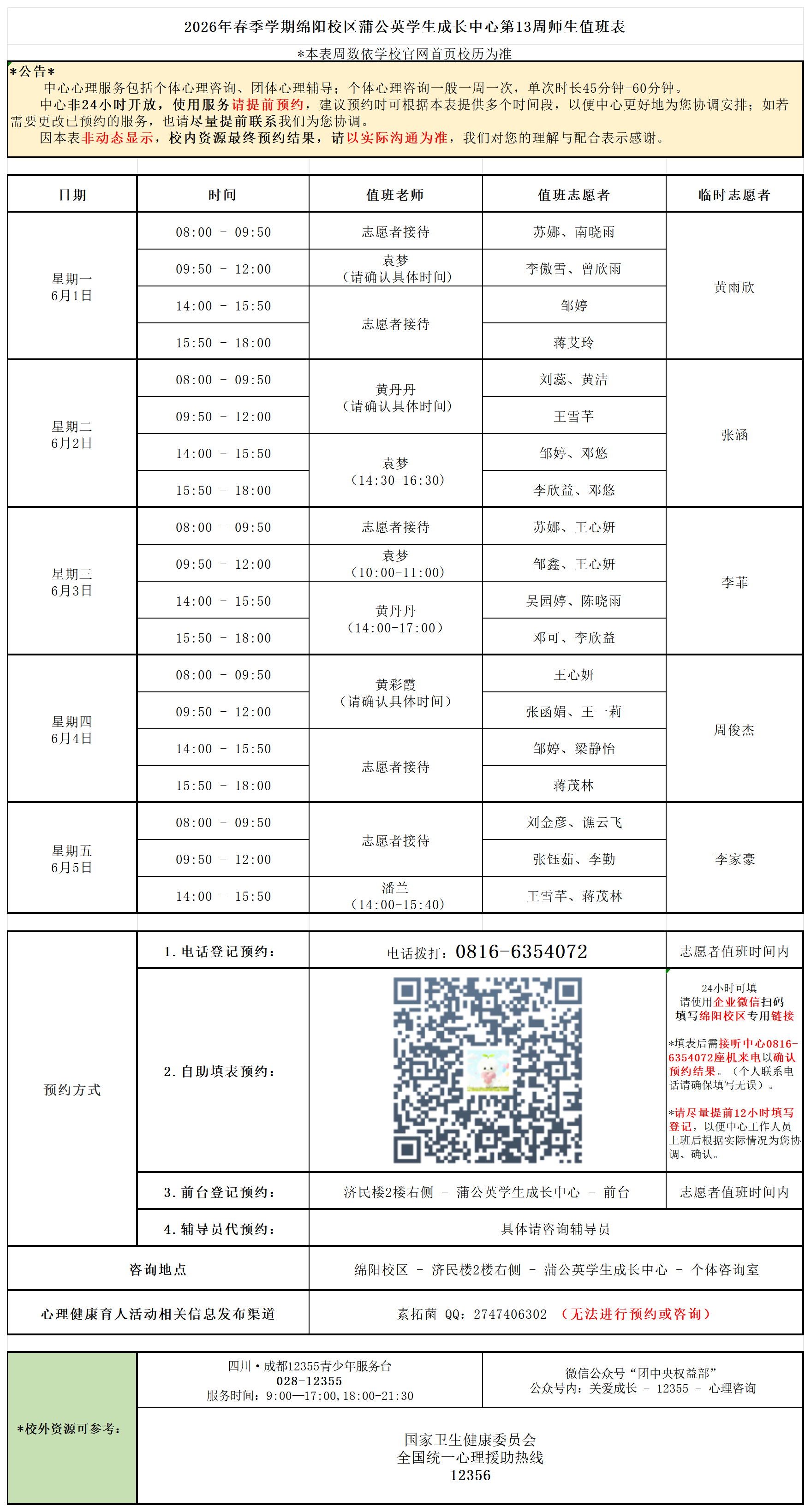 蒲公英学生成长中心2026年春季学期第13周师生值班表_Sheet1.png